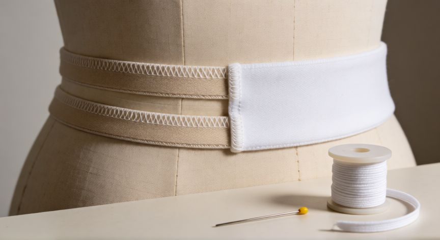 como coser jaretas a maquina, Cinturillas elásticas ya cosidas sobre un maniquí con puntada zig-zag visible en cada una