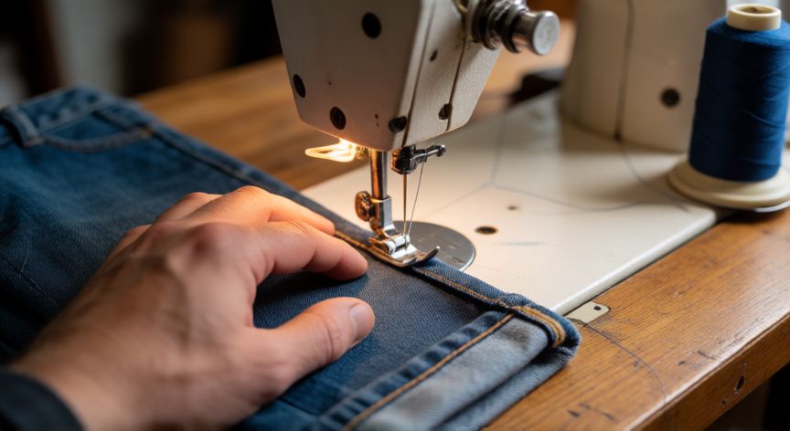 como coser jeans, Manos cosiendo el dobladillo de unos jeans con máquina de coser doméstica