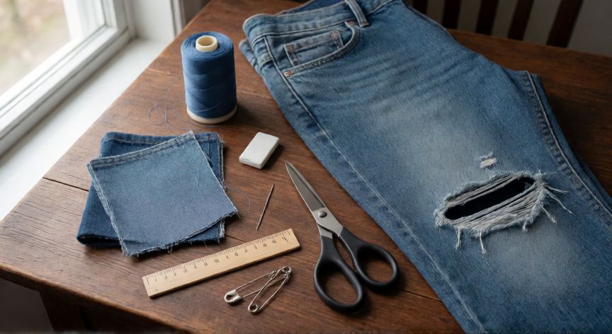 como coser jeans, Kit de herramientas y materiales para reparar y coser jeans sobre mesa de madera