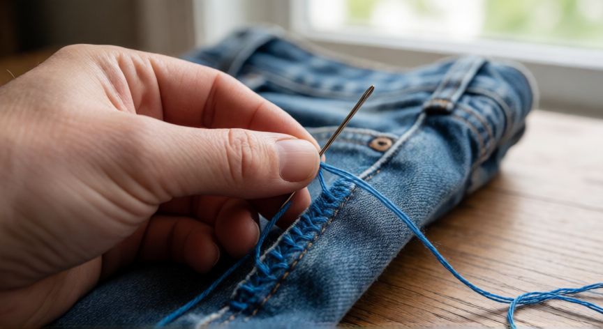 como coser jeans a mano, Manos cosiendo a mano una costura de jeans con aguja gruesa e hilo azul sobre mesa de madera