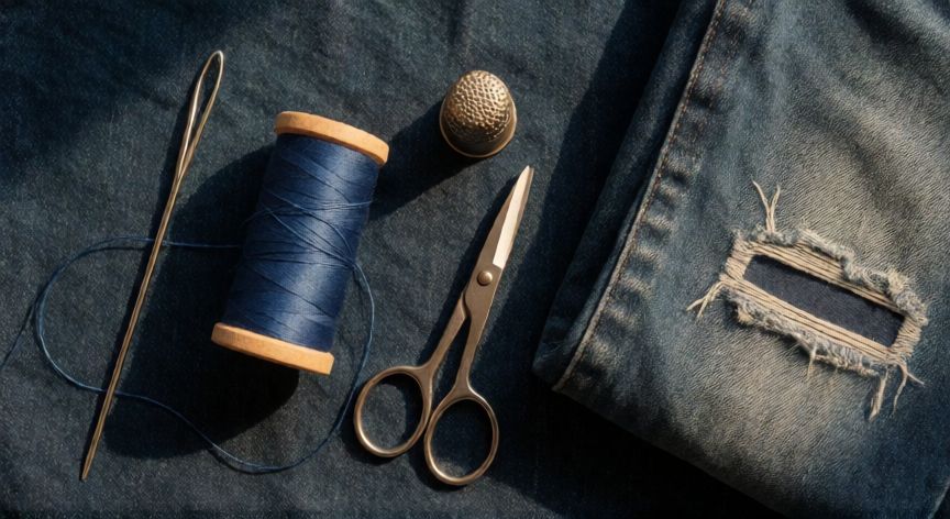 como coser jeans a mano, Kit de costura a mano con aguja, hilo azul, tijeras y dedal sobre tela vaquera con parche cosido en la rodilla