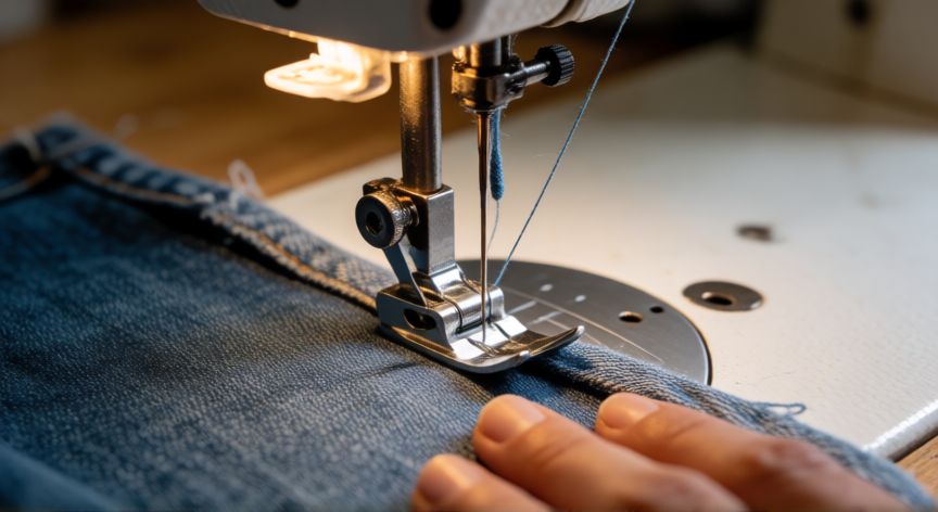 como coser jeans con máquina de coser, Máquina de coser trabajando una pieza de jean con pie de arrastre