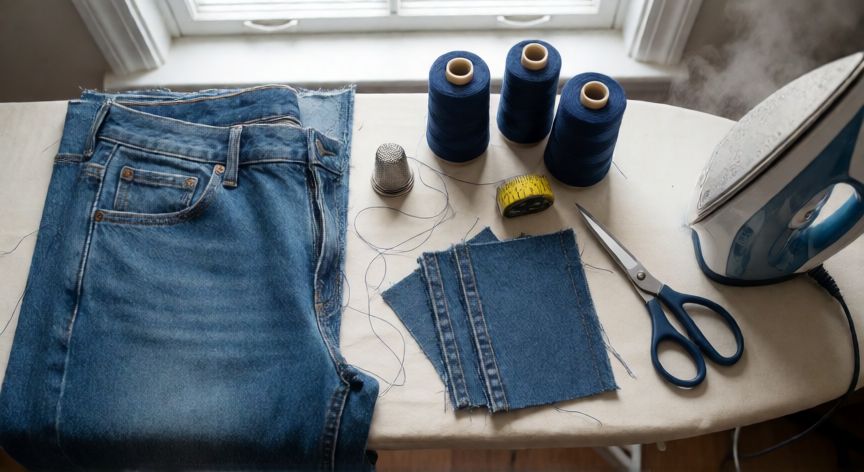 como coser jeans con máquina de coser, Mesa de trabajo con jeans en proceso de costura, hilo grueso, tijeras y plancha