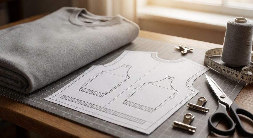 como coser jersey, Mesa de trabajo con tela de punto, patrón de jersey, tijeras y clips de costura