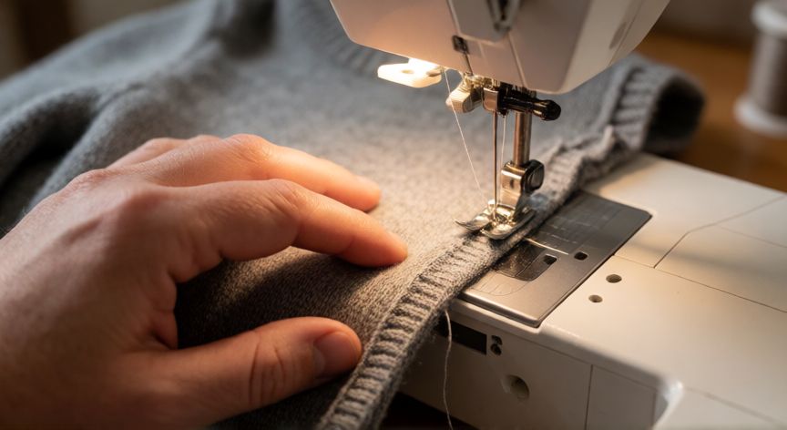 como coser jersey, Manos uniendo la manga al cuerpo del jersey en máquina de coser con puntada elástica
