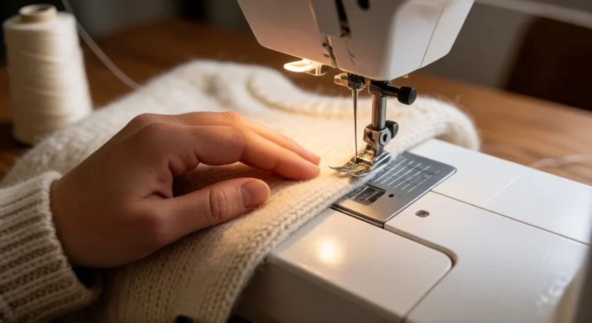 Manos cosiendo un jersey de punto crema en máquina de coser doméstica con aguja jersey