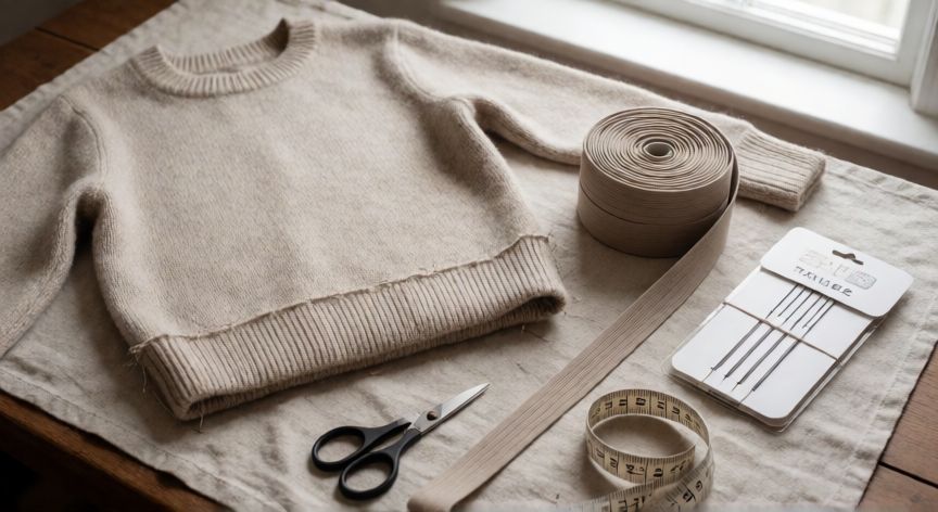 como coser jersey a máquina, Zona de trabajo con jersey de punto beige a medias, rib elástico y aguja triple sobre paño de lino