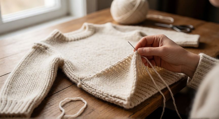 como coser jersey de punto a mano, Manos cosiendo a mano un jersey de punto crema sobre mesa de madera