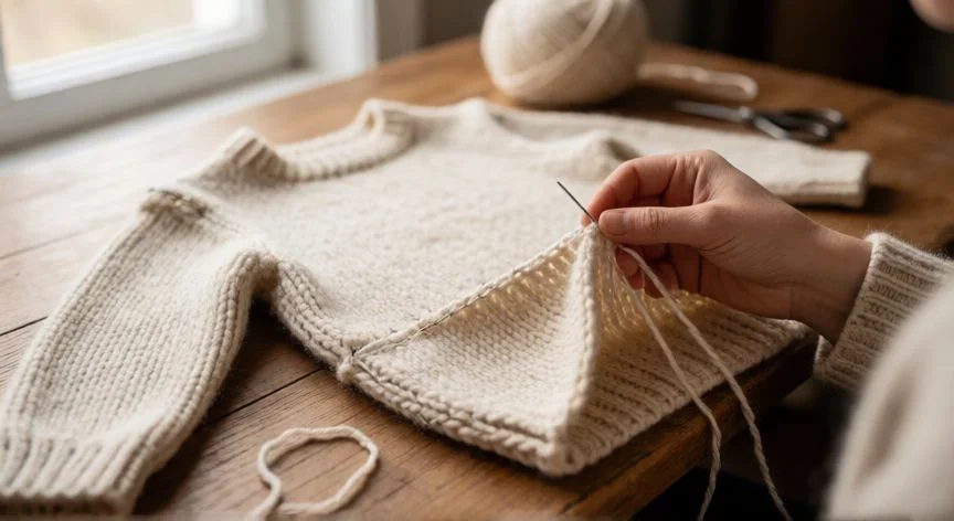 Manos cosiendo a mano un jersey de punto crema sobre mesa de madera