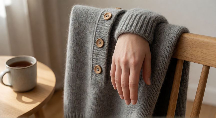 como coser jersey de punto a mano, Jersey de punto gris cosido a mano colgado en silla de madera con botones de madera