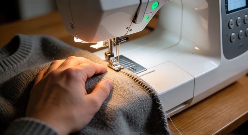como coser jersey de punto a máquina, Manos cosiendo un jersey de punto gris en máquina de coser doméstica con aguja ballpoint y puntada elástica