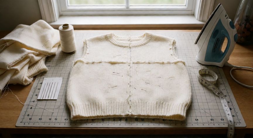 como coser jersey de punto a máquina, Mesa de trabajo con jersey de punto beige en proceso, agujas ballpoint, hilo de poliéster y plancha de vapor a la vista