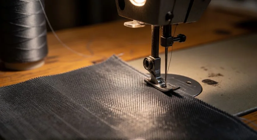 Cercana de aguja cosiendo tejido de Kevlar gris oscuro sobre mesa de trabajo