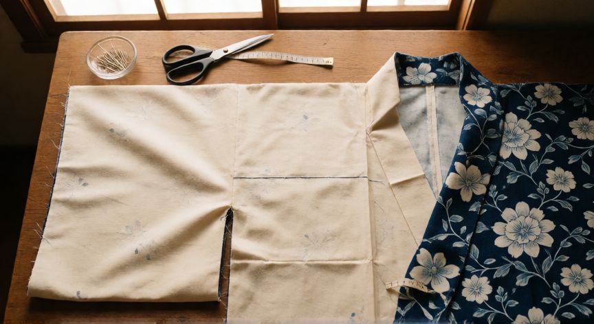 como coser kimono, Confección de un kimono japonés con piezas de tela y costura en T visible sobre mesa de trabajo