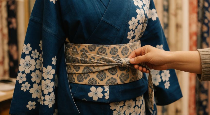 como coser kimono, Manos atando un obi sobre un kimono terminado de estampado florales sobre forma de sastre