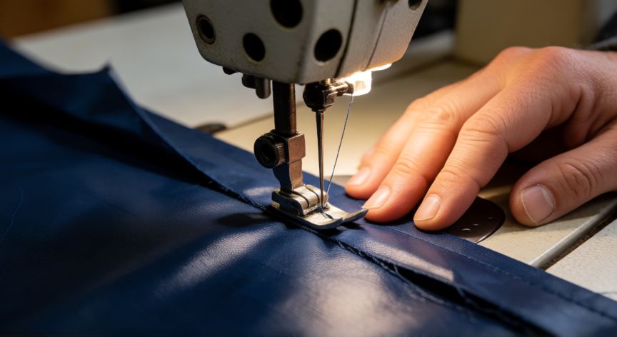 como coser la tela de un toldo, Manos cosiendo tela de toldo de PVC en máquina de coser industrial