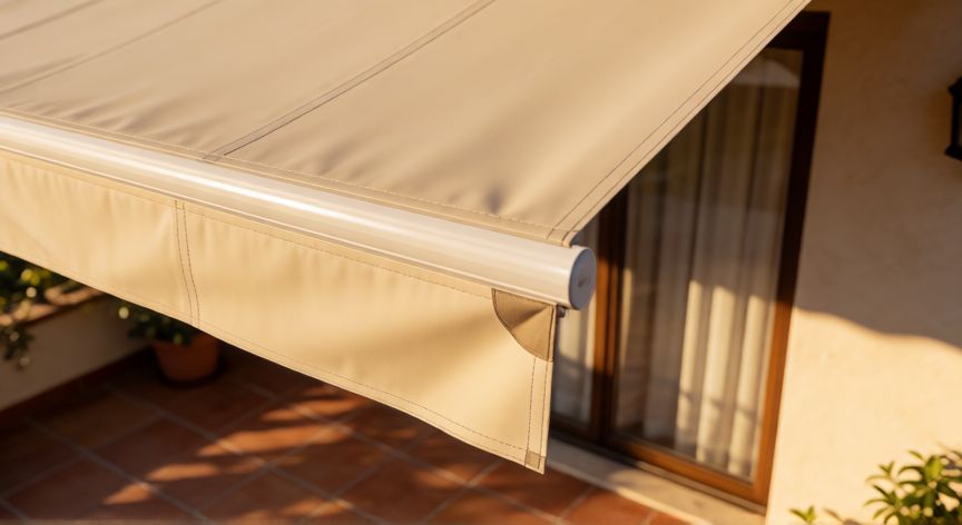 como coser la tela de un toldo, Toldo de acrílico montado con costuras dobles y refuerzos triangulares en las esquinas