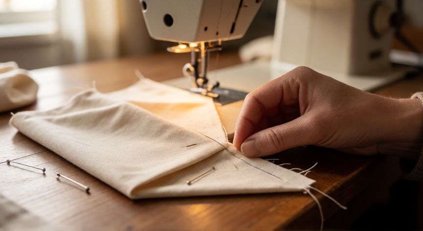 como coser las esquinas, Manos cosiendo una esquina de tela doblada a 45 grados con alfileres sobre una mesa de madera