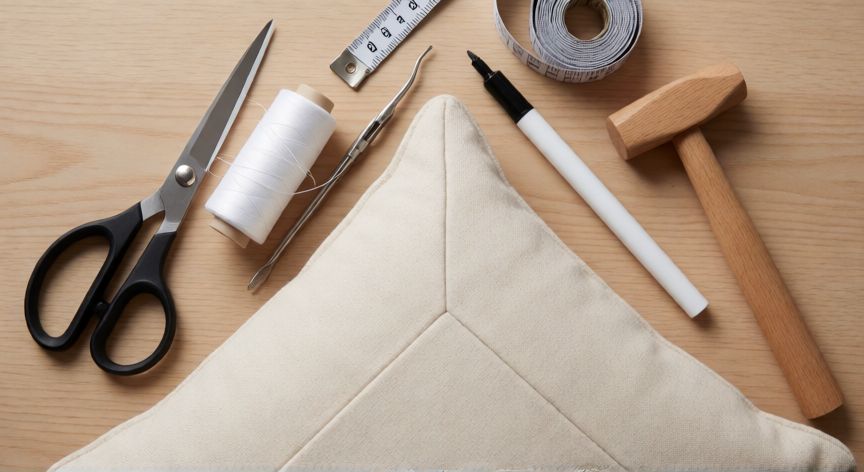 como coser las esquinas, Vista cenital de herramientas de costura y un cojín cuadrado con esquina perfectamente recta sobre mesa de madera