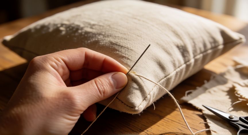 como coser las esquinas de un cojín cuadrado, Manos cosiendo la esquina de un cojín cuadrado con puntada invisible sobre mesa de madera