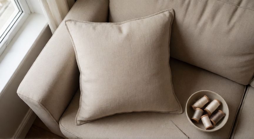 como coser las esquinas de un cojín cuadrado, Cojín cuadrado de lino con esquinas perfectamente cosidas sobre sofá beige con útiles de costura