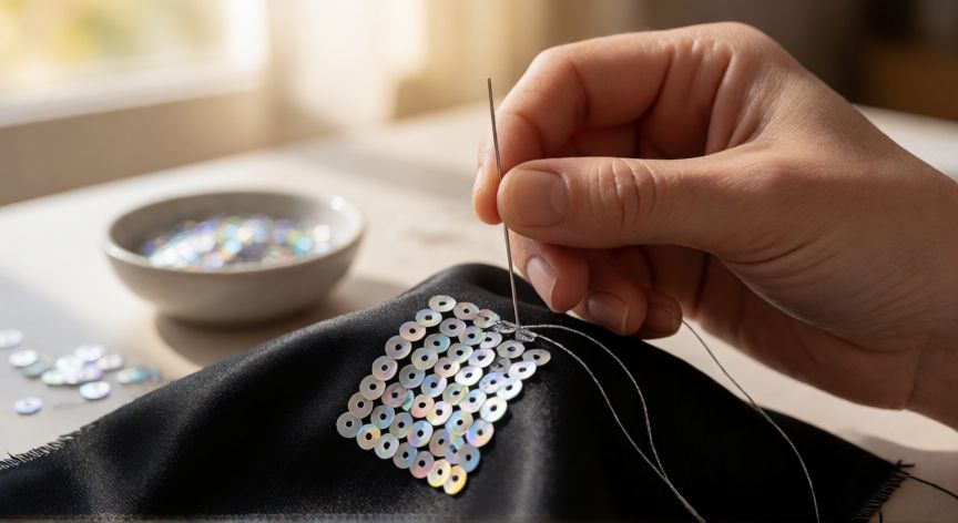 como coser lentejuelas a mano, Manos cosiendo lentejuelas plateadas sobre tela de satén negro con aguja e hilo fino