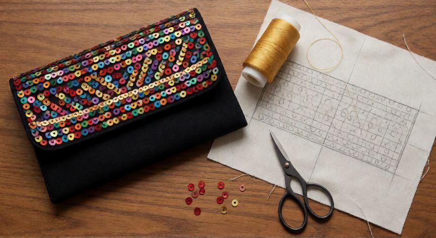 como coser lentejuelas a mano, Vista cenital de bolso negro decorado con lentejuelas multicolor junto a materiales de costura sobre mesa de madera