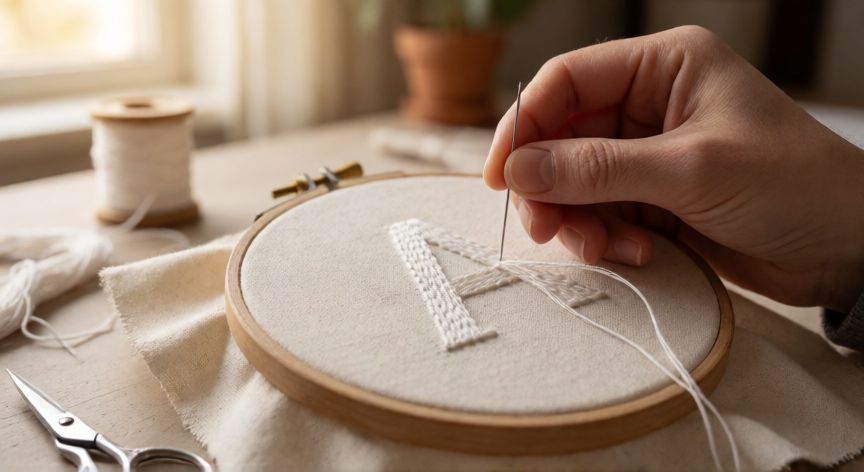 como coser letras en tela a mano, Manos bordando la letra A en tela de lino con puntada atrás dentro de un bastidor de madera