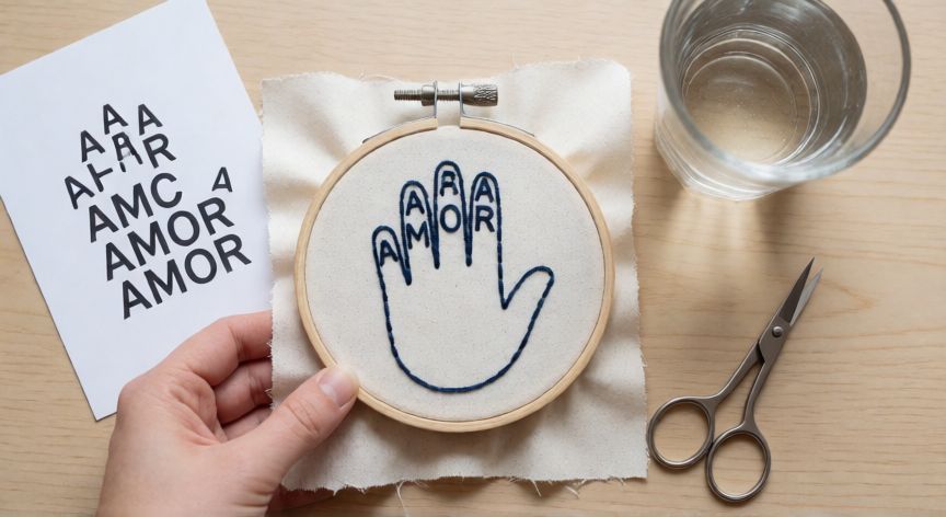 como coser letras en tela a mano, Palabra AMOR bordada a mano en hilo navy sobre tela de algodón, vista cenital con herramientas de bordado