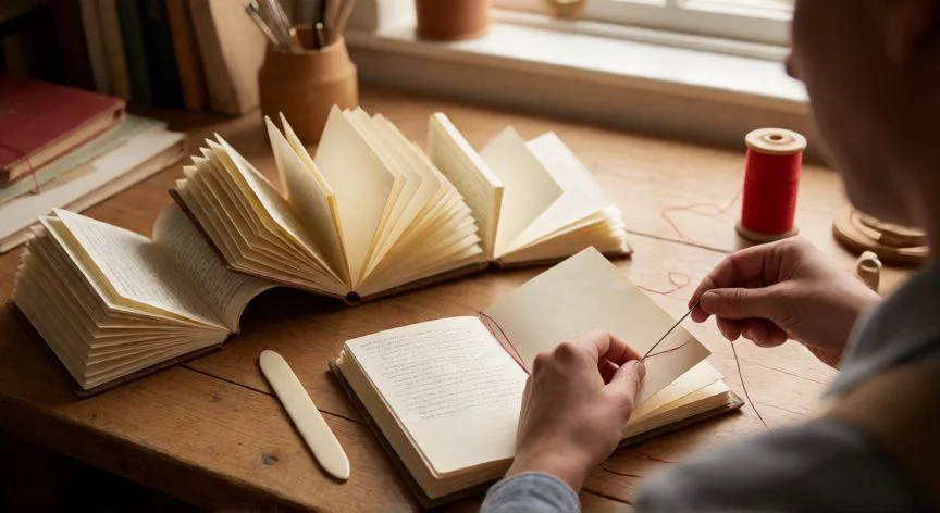como coser libretas de 100 hojas, Manos cosiendo un bloque de pliegos de papel con aguja e hilo rojo sobre una mesa de encuadernación artesanal