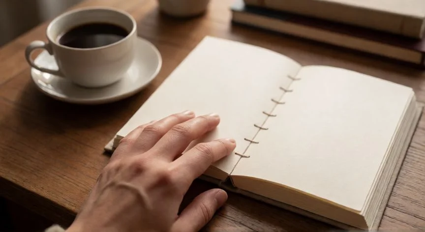 como coser libretas de 100 hojas, Libreta de 100 hojas encuadernada a mano con costura copta visible en el lomo sobre una mesa de madera