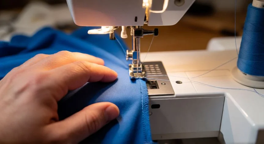 Manos cosiendo tela de licra azul en máquina de coser Singer con puntada zigzag