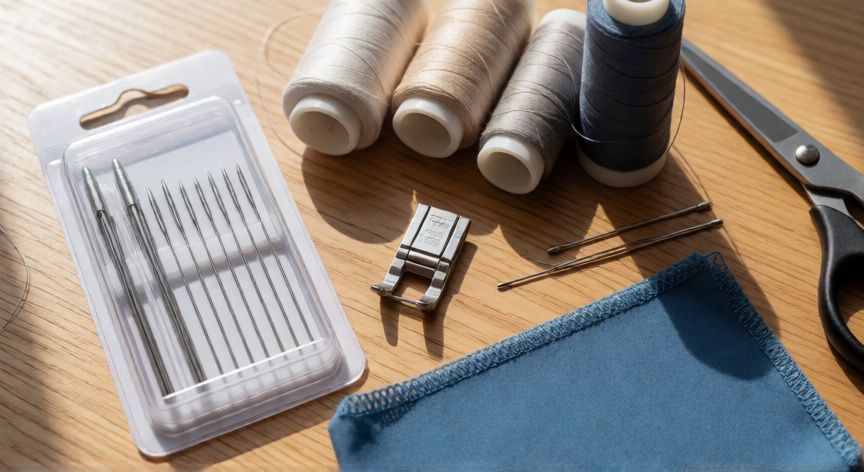 como coser licra en la máquina singer, Materiales para coser licra: agujas stretch, hilo poliéster y prensatelas de teflón sobre mesa
