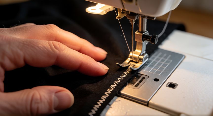 como coser licra en maquina de coser, Manos cosiendo tela de licra negra con puntada zigzag en máquina de coser doméstica