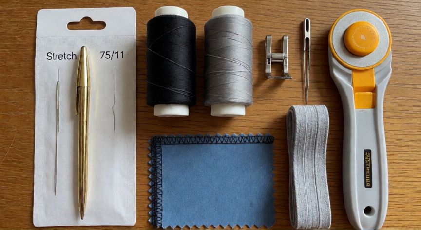 como coser licra en maquina de coser, Accesorios de costura para telas elásticas: aguja stretch, hilo poliéster, puntilla Teflón y dobla agujas sobre mesa de madera