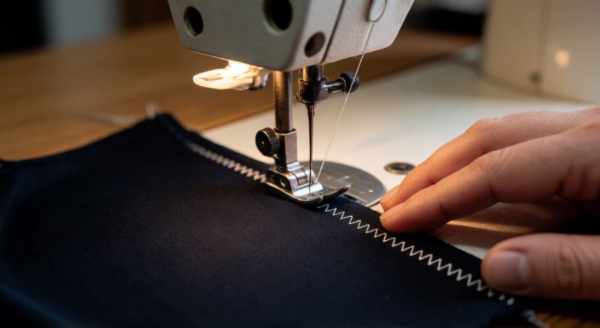 como coser lycra sin que salte la puntada, Máquina de coser con aguja ballpoint cosiendo lycra azul marino con puntada de zigzag
