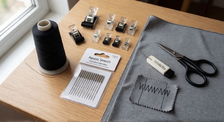como coser lycra sin que salte la puntada, Mesa de trabajo con hilo poliéster, agujas stretch, clips y retal de lycra con prueba de puntada