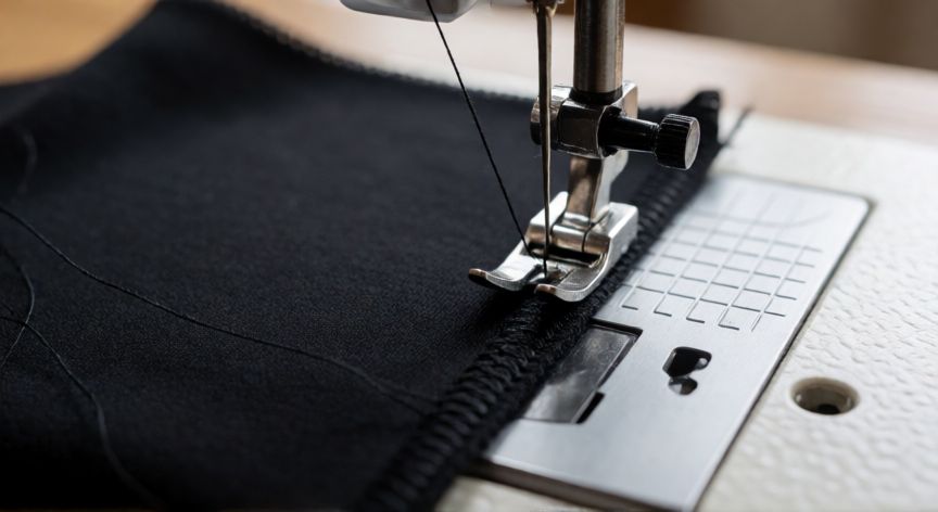como coser lycra sin que se estire, Aguja ballpoint cosiendo Lycra negra con puntada zigzag en máquina de coser