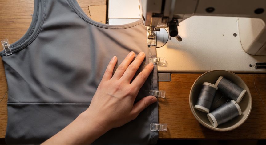 como coser lycra sin que se estire, Manos guiando tela Lycra con clips bajo el pie prensatela de la máquina de coser