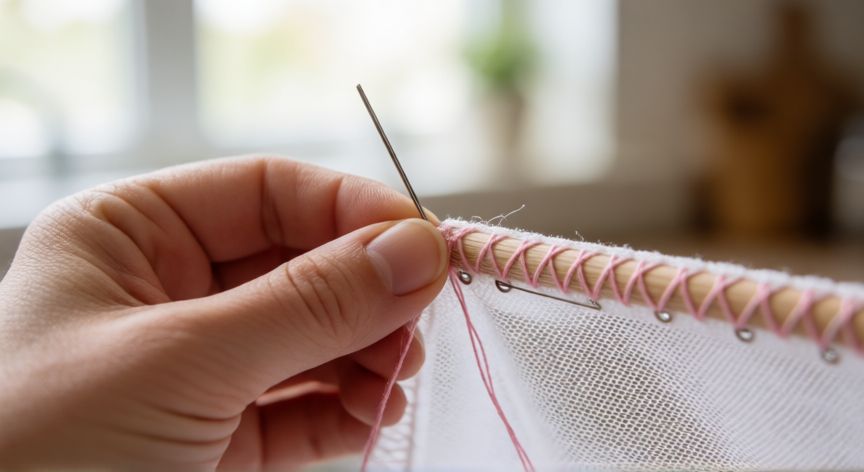 como coser malla mosquitera, Manos cosiendo a mano el borde de una malla mosquitera con puntada en zigzag sobre una barra de madera
