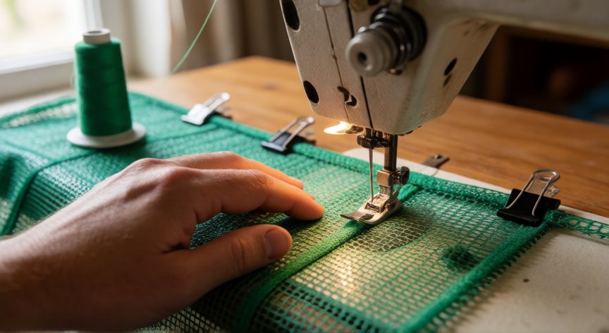 como coser malla sombra, Manos cosiendo malla sombra verde con puntada zigzag en máquina de coser doméstica