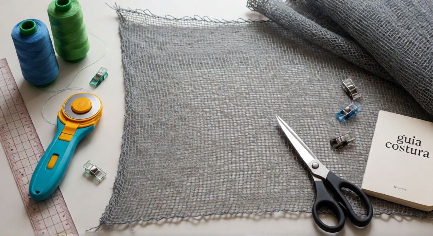 como coser malla sombra, Mesa de trabajo con malla sombra cortada, cortador giratorio, regla y carretes de hilo de nylon