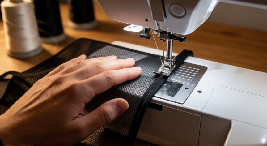 como coser mallas elasticas, Manos cosiendo una malla elástica negra en máquina de coser con puntada zigzag y aguja ballpoint