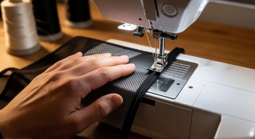 Manos cosiendo una malla elástica negra en máquina de coser con puntada zigzag y aguja ballpoint