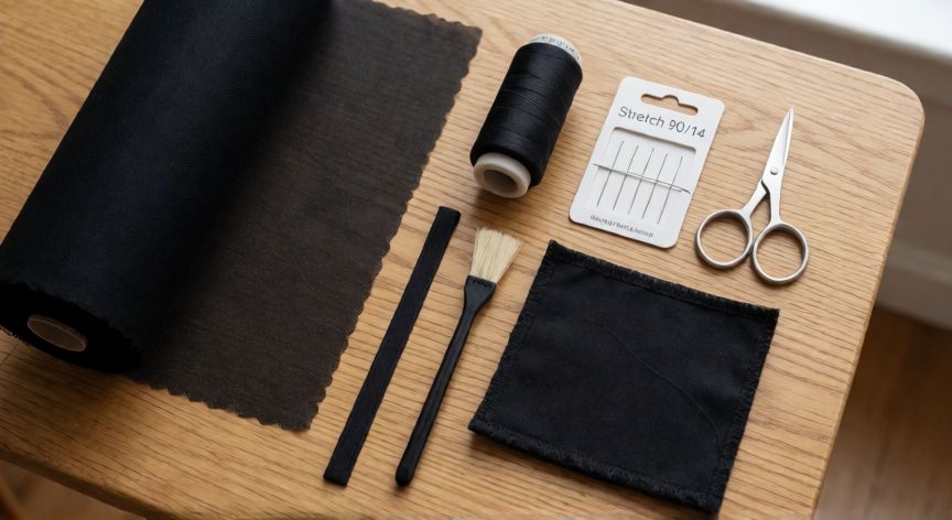 como coser mallas elasticas, Materiales para coser mallas elásticas: tela de malla, hilo poliéster, agujas stretch y goma elástica sobre mesa de madera