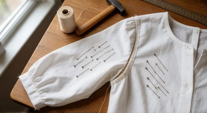 Manga de camisa blanca cosida al cuerpo con alfileres en diagonal y costura de bastas visible