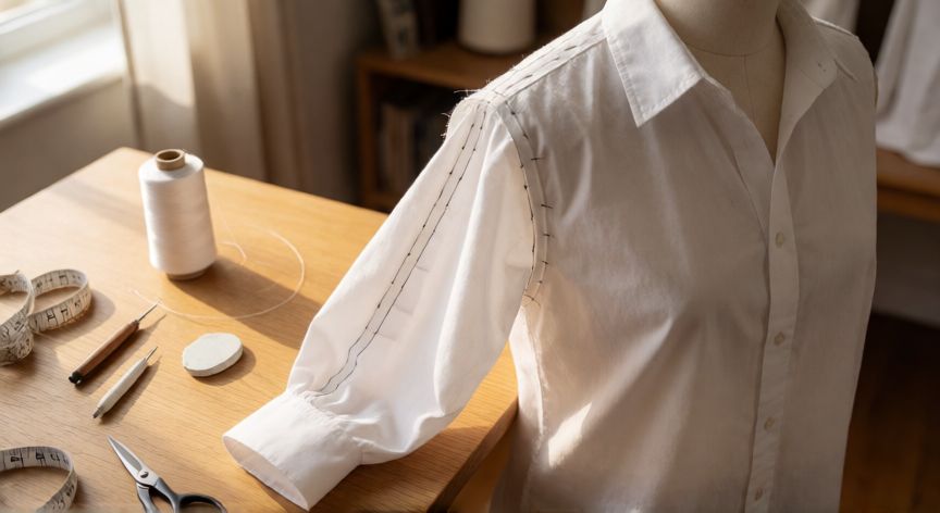 como coser mangas de camisa, Manga de camisa en proceso de costura sujetada con alfileres sobre un maniquí