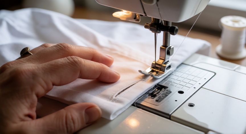 como coser mangas de camisa, Detalle de cosido del ojal en el puño de una manga de camisa con máquina de coser