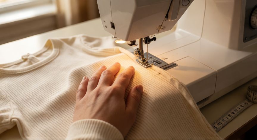 Manos cosiendo una manga de punto elástico a un cuerpo de prenda con máquina de coser doméstica