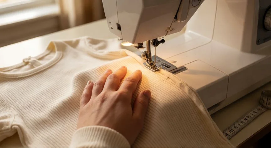 Manos cosiendo una manga de punto elástico a un cuerpo de prenda con máquina de coser doméstica